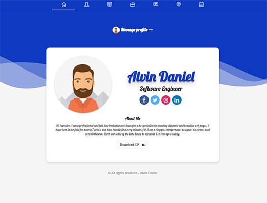 Digital website profile card of Alvin Daniel - Software Engineer