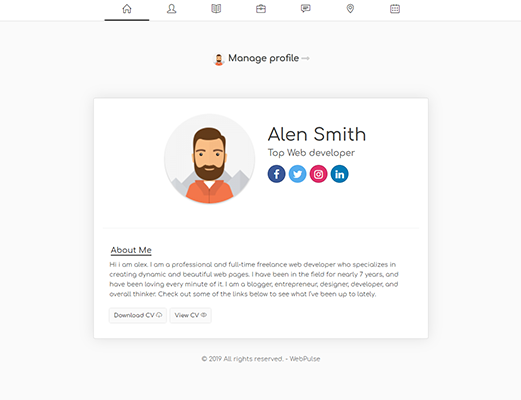 Digital website profile card of Alen Smith - Top Web Developer